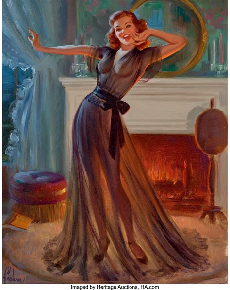 ART FRAHM (American, 1906-1981). Pin-Up in Front of Fireplace. Oil