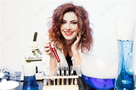 Smiling Sexy Scientist with red Valentine Love Potion — Stock Photo ...
