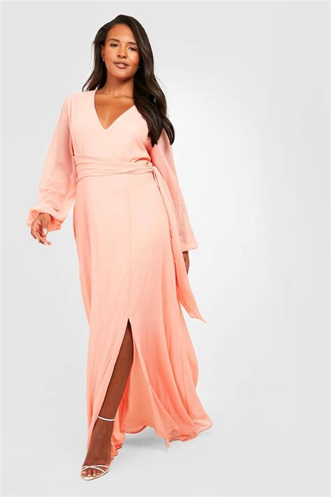 Plus Chiffon Long Sleeve Belted Maxi Dress | boohoo UK