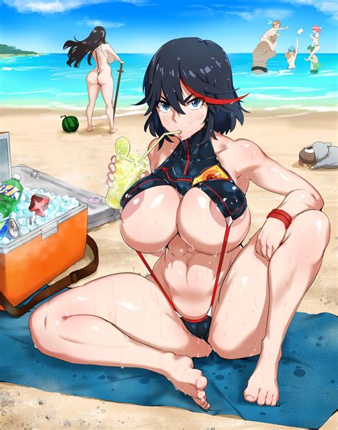 Rule 34 - 4boys 4girls back view beach bursting breasts busty curvy ...
