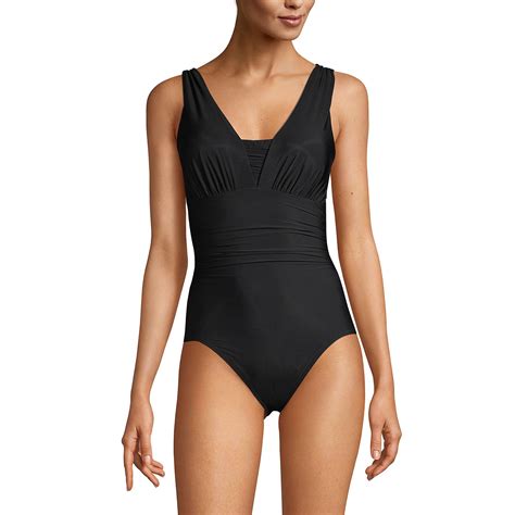Lands' End Womens Slender Suit Grecian One Piece Swimsuit Black Plus