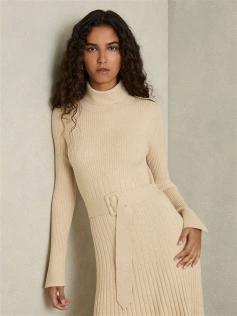 Buy Reiss Neutral Vinette Ribbed Roll Neck Belted Midi Dress from the