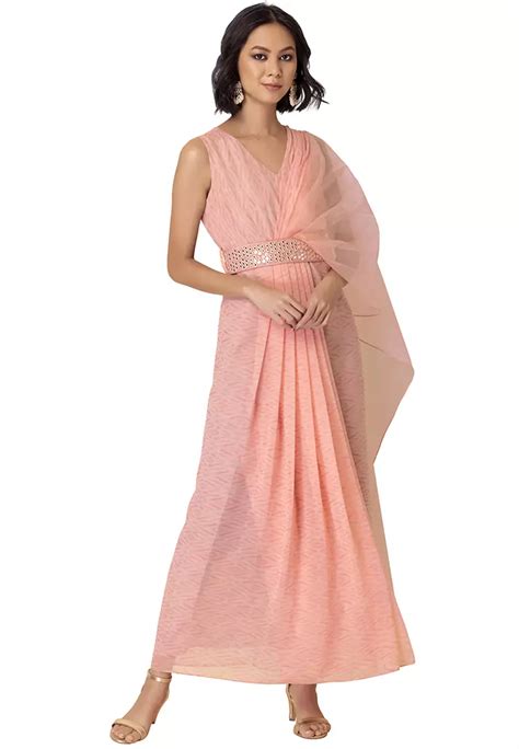 Buy Indya Peach Pleated Kurta with Attached Dupatta Online | ZALORA ...