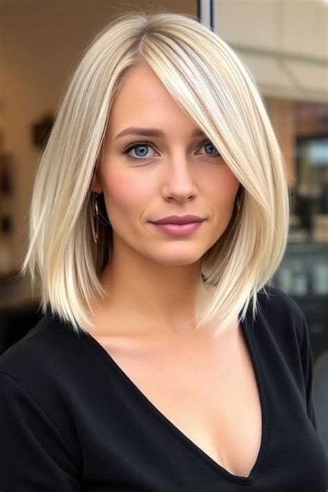 maintenance medium length haircuts side parted platinum blonde bob
