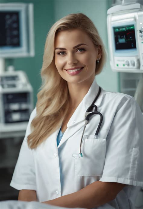 A close up of a woman in a white lab coat sitting in a hospital bed