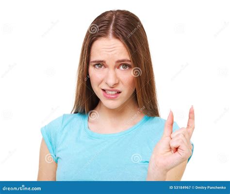 small funny young woman showing  tiny stock image