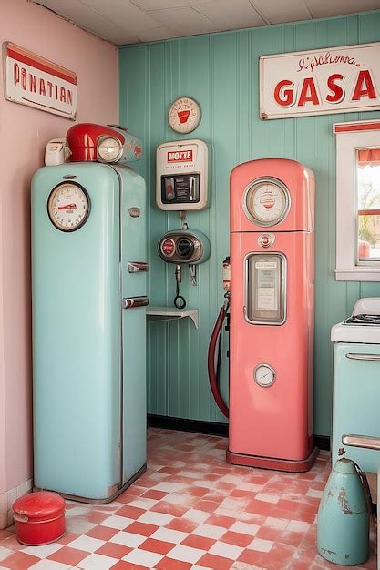 Vintage gas station kitchen with pastel red appliances retro gas pump ...