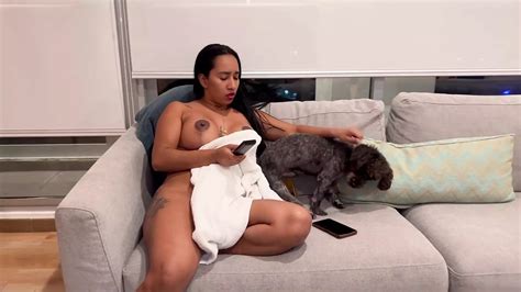 horny girl drops  towel  front  delivery guy  seduces