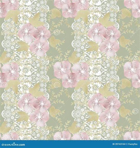 Light Seamless Floral Lacy Lace Pattern on Green Stock Illustration
