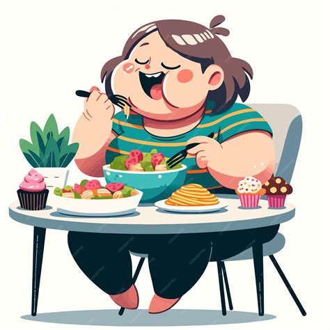 Ilustración de una mujer gorda comiendo vorazmente | Vector Premium