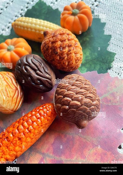 Seasonal harvest collection of Belgian chocolates close up, 2021 Stock ...