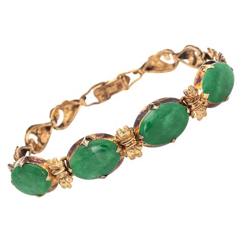 GIA Certified Art Deco Carved Natural Jadeite Jade Gold Bracelet For