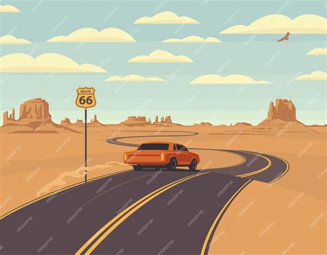 Premium Vector | Highway and receding car in desert and mountains