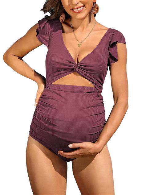 Attraco Maternity One Piece Swimsuit Ruffle Sleeve Bathing Suit Solid