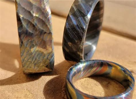 super fire flame anodized titanium damascus steel valley jewelry