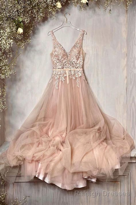 A-Line Tulle Long Prom Dress with Lace, V-Neck Floor Length Formal Dre