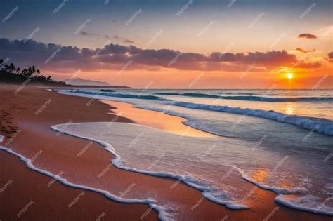 Premium Photo | A sunset over the ocean with a beach scene and the ocean in the background