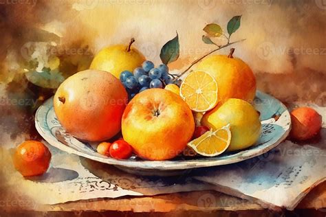 Still life, a plate of fruit on a table, a painting painted in ...