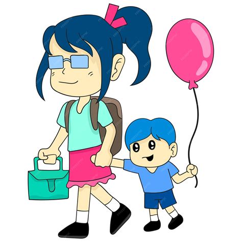 Su hermana mayor y su hermano menor iban a la escuela juntos. etiqueta