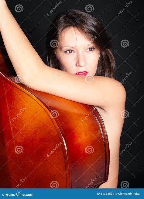 Young Woman Naked by Double Bass Stock Photo - Image of figure, head