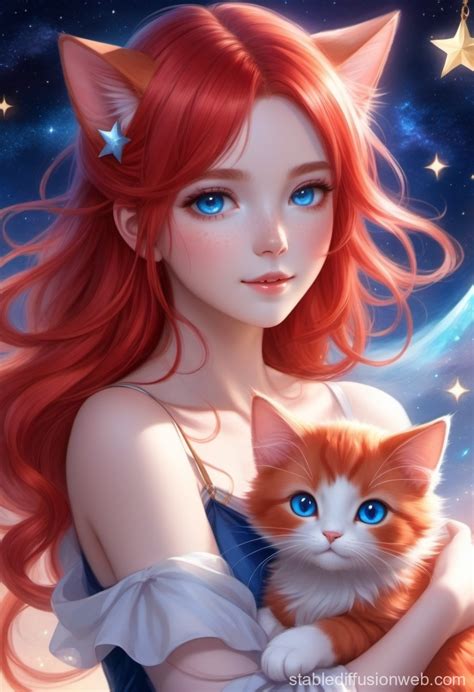 Red-haired Anime Girl with Blue Eyes, Holding a Cat and Surrounded by ...