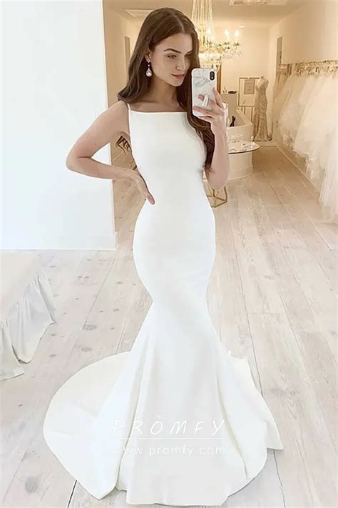 straight  neck crepe satin mermaid wedding dress promfy