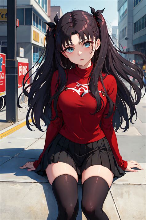 Anime girl sitting on a ledge in a city street - SeaArt AI
