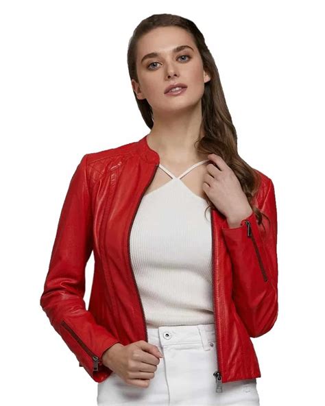 Mathilde Tantot Women's 100 % Real Red Leather Biker Style Jacket