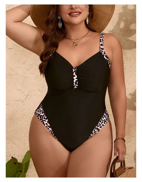 Plus Size Swimsuit Women Black Leopard One Piece Bathing Suit Slimming