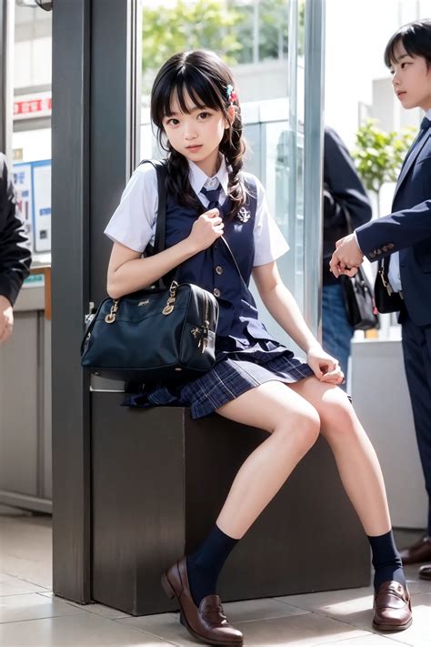 Araffe asian woman in school uniform sitting on a bench - SeaArt AI