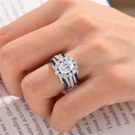 Blue Sapphire White CZ Wedding Band for Women Ring Guards Enhancers