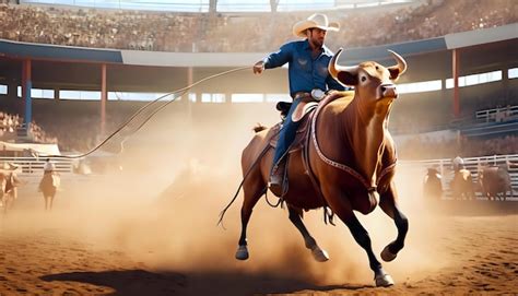 Premium Photo | A cowboy riding a bull in a rodeo arena