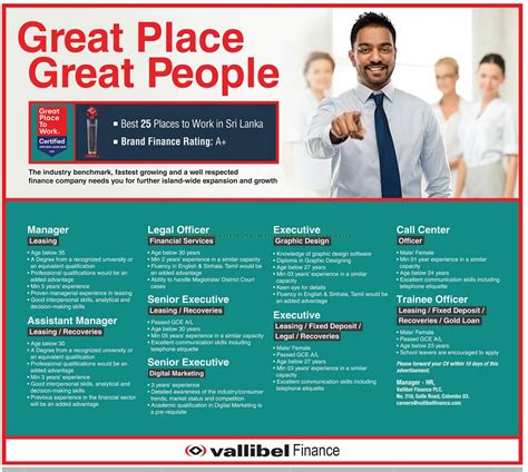 vacancies  vallibel finance