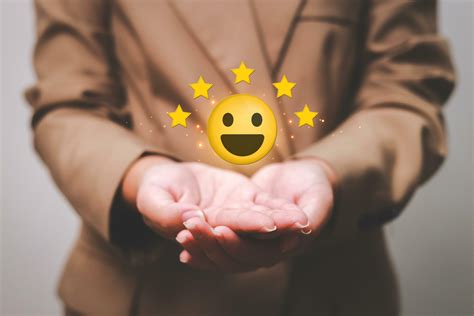 Customer pressing satisfaction with gold five star rating feedback icon