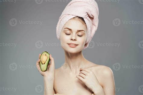 cheerful woman naked shoulders healthy skin vitamins avocado lifestyle