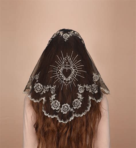 Mantveil Triangle Mantilla Veil, Sacred Heart and Cross Embroidery Veil