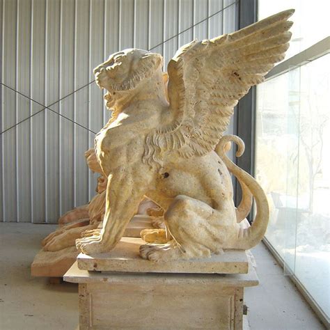 Hand Carved White Marble Lion Sculpture With Wings