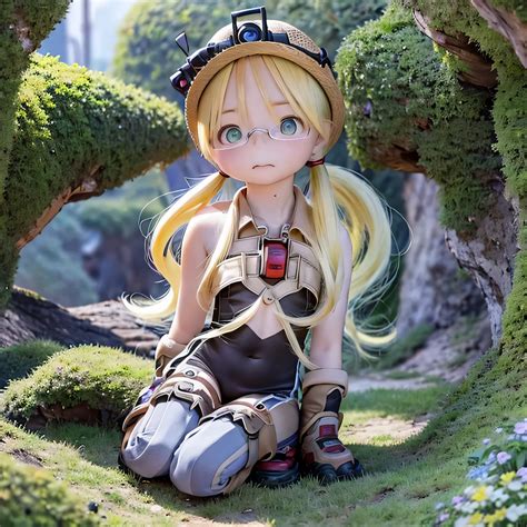 Anime - style girl with blonde hair and goggles sitting on grass