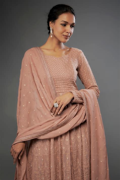 Nude Pink Georgette Chikankari Embroidered Anarkali Set by FATIZ at