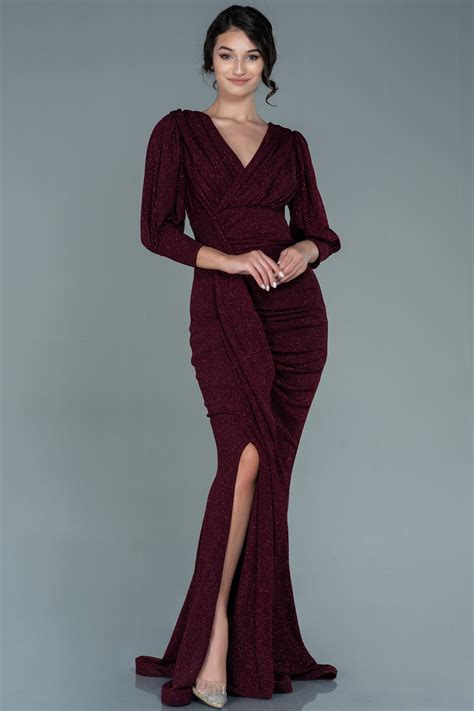 Bordo Kapri Kol Yırtmaçlı Uzun Simli Balık Abiye ABU2619 | Abiyefon.com