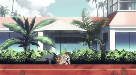 xbooru anime ass bikini breasts cleavage dark skin ecchi gif pool wet