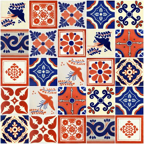 25 Pieces Mexican Talavera Tiles Handmade Terracotta & Blue Mixed