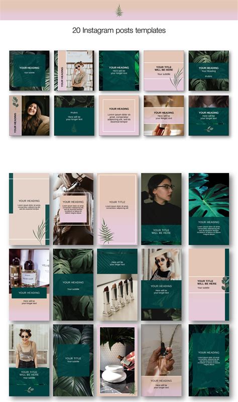Green template set with leafs designed for Instagram posts, stories and