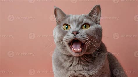 Amazed Lilac British Shorthair Cat with Open Mouth 53738037 Stock Photo