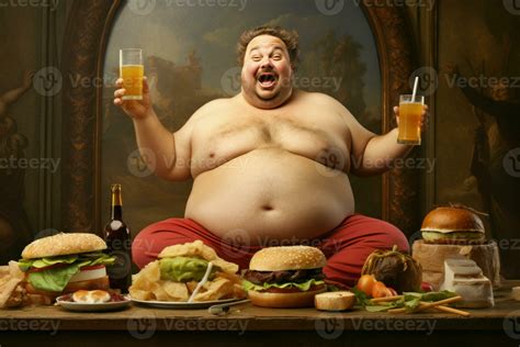 Fat man eats burger and drinks soda. Generate Ai 27736737 Stock Photo ...
