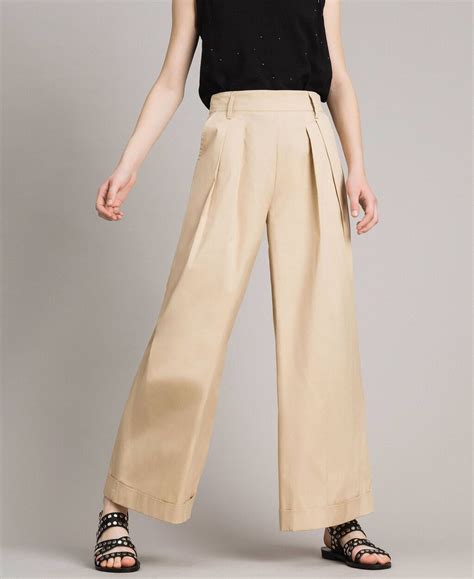 Pantaloni a palazzo in popeline Donna, Beige | TWINSET Milano