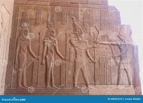 ancient egyptian carvings  kom ombo temple  aswan egypt editorial