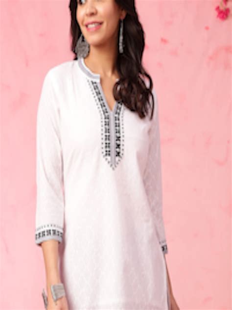 buy anouk white woven design thread work mandarin collar pure cotton