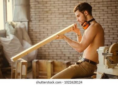 Naked Carpenter Using Straightedge Draw Line Stock Photo 1017831313