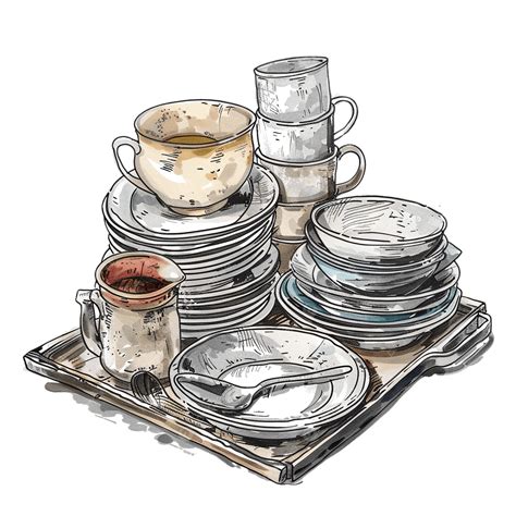 Free Drawn Dirty Dishes, Dirty Dishes, Dirty, Dishes PNG Transparent